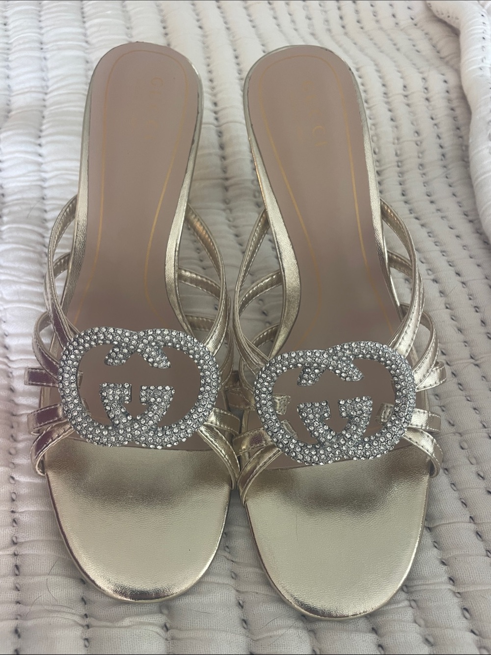 Gucci Gold Crystal Interlocking G Slide Sandals